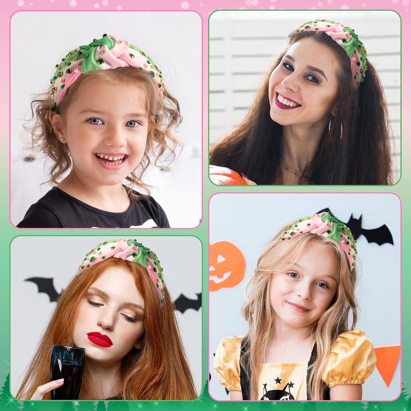 PANTIDE Witch Musical Jeweled Knotted Headband - Witch Musical Fans Gift Pearl Crystal Embellished Headband Wide Top Knot Fashion Pink Hairband Accessories Birthday for Women Girls (Green Rhinestone) - Image 5
